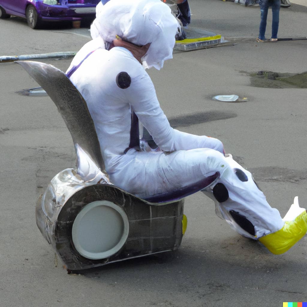 A clown-looking man riding a metal chair on the street