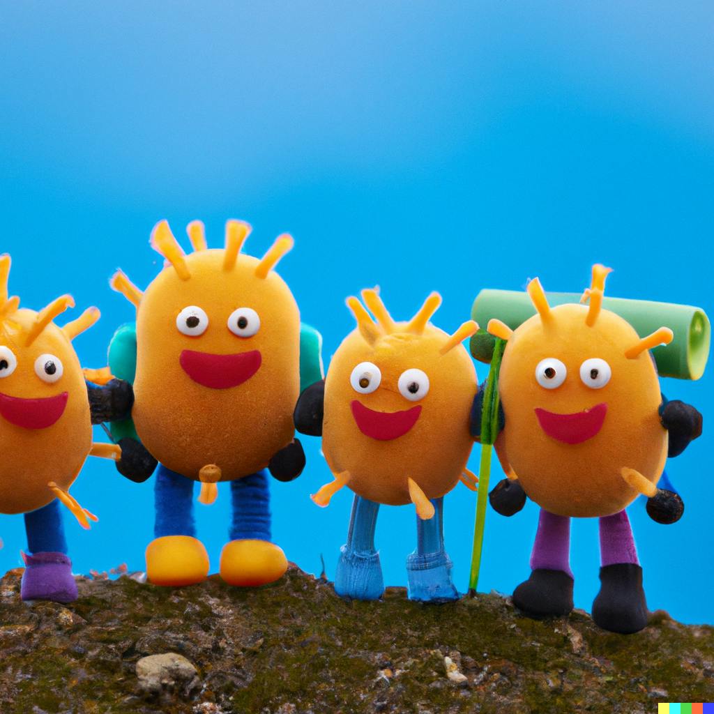 A group of plush toy biological cells wearing backpacks standing on a hill