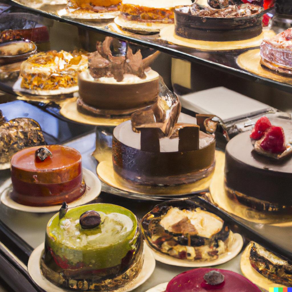 A cake shop display of different cake varieties