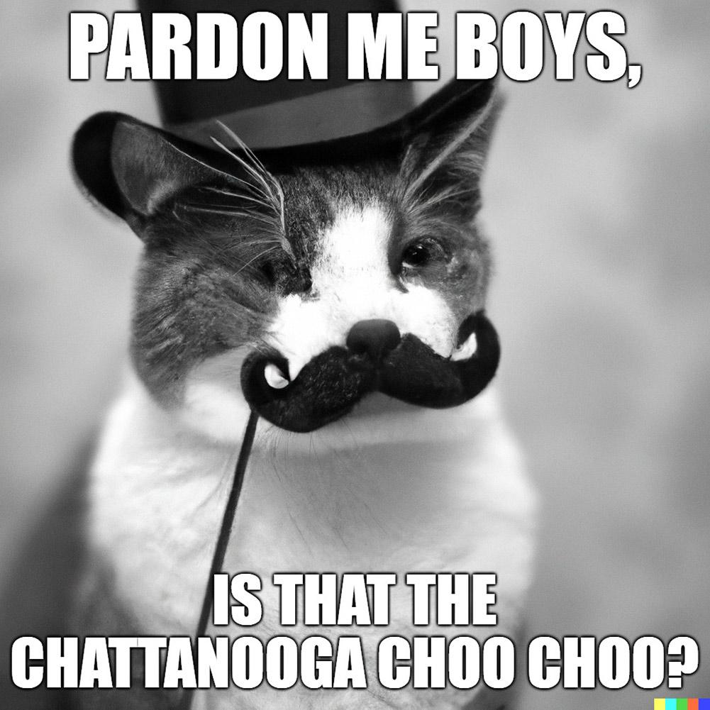 A very cute cat with a moustache and a top hat, with the words 'Pardon Me Boys, is that the Chattanooga Choo Choo?' written on it