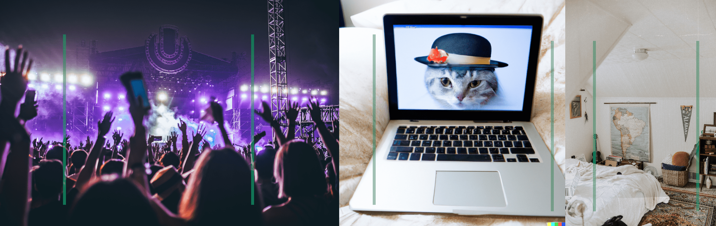 A collage of a concert, a dorm room and a laptop