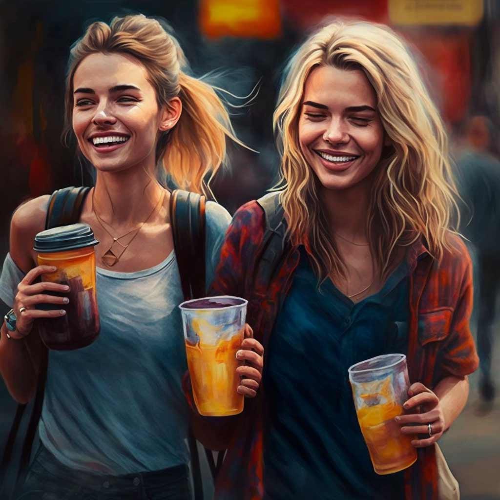 two best friends walking arm in arm on the street while holding drinks