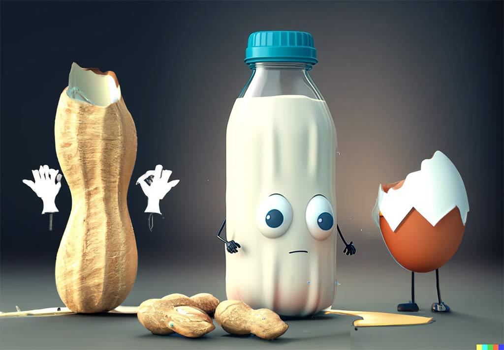 an egg and a peanut fighting, with a bottle of milk breaking the fight