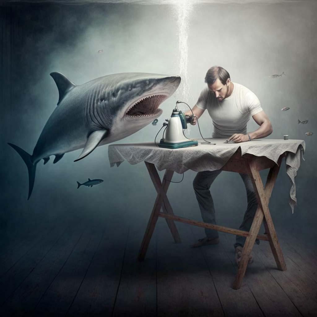 A person ironing underwater with a shark getting ready to take a bite of them.