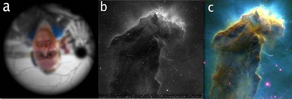 Three images. Image 1: A composition that A simulated image of how a retinal image would look like before being processed by neurons; Image 2 and 3: A section of the Pillars of the Earth space image, that is black and white and color, respectively. 