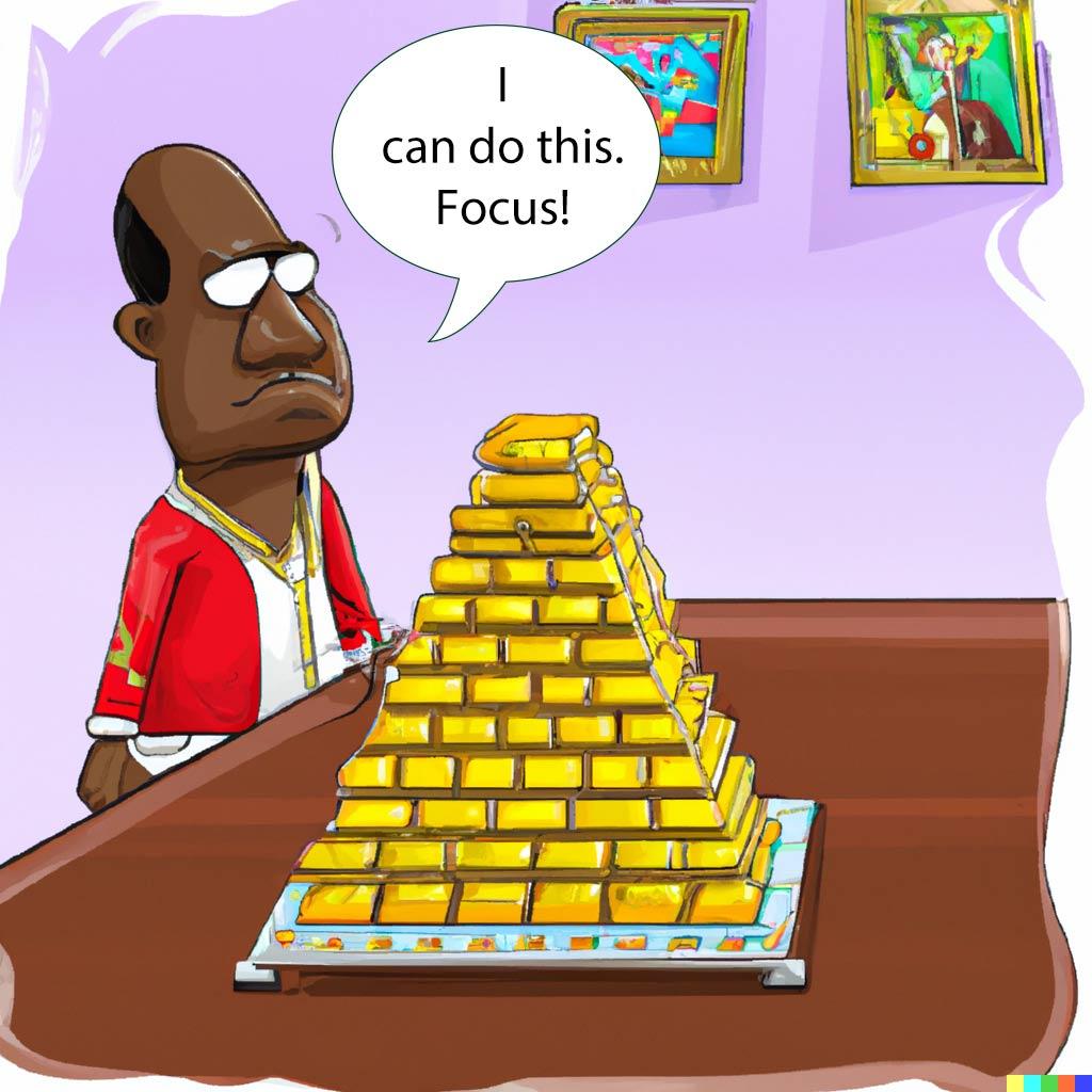 A person staring at a table of chocolate bars stacked in a pyramid and a thought bubble that says 'Focus'