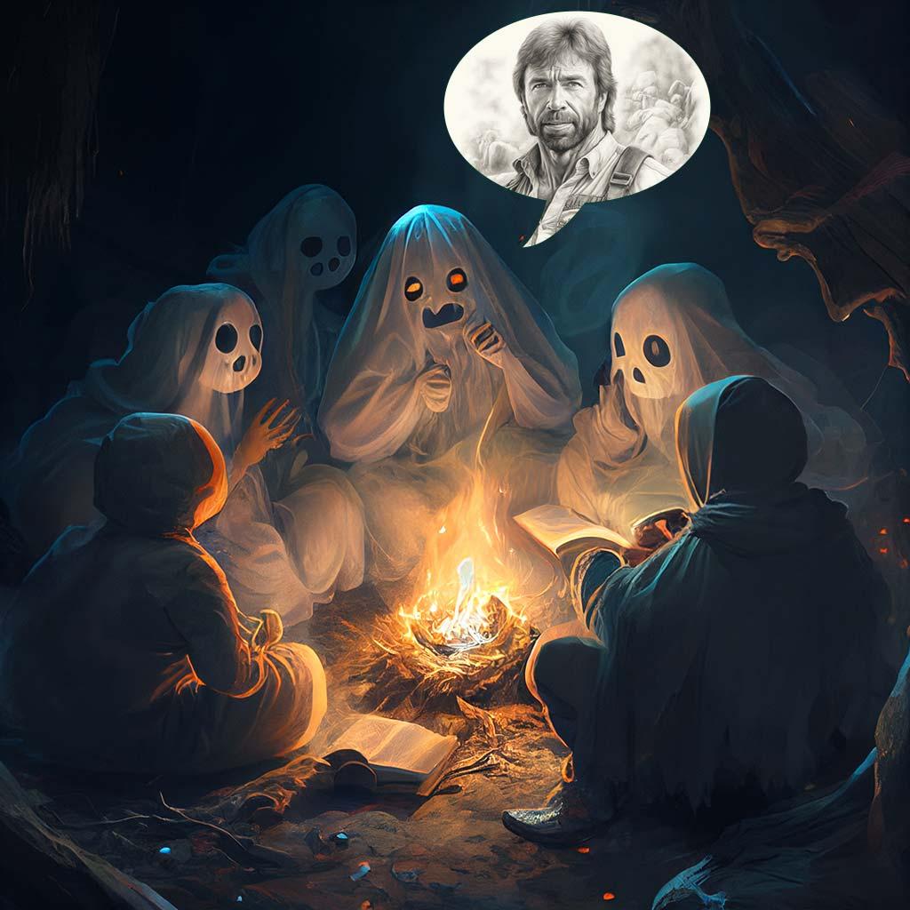 an image of ghosts around a campfire talking about Chuck Norris
