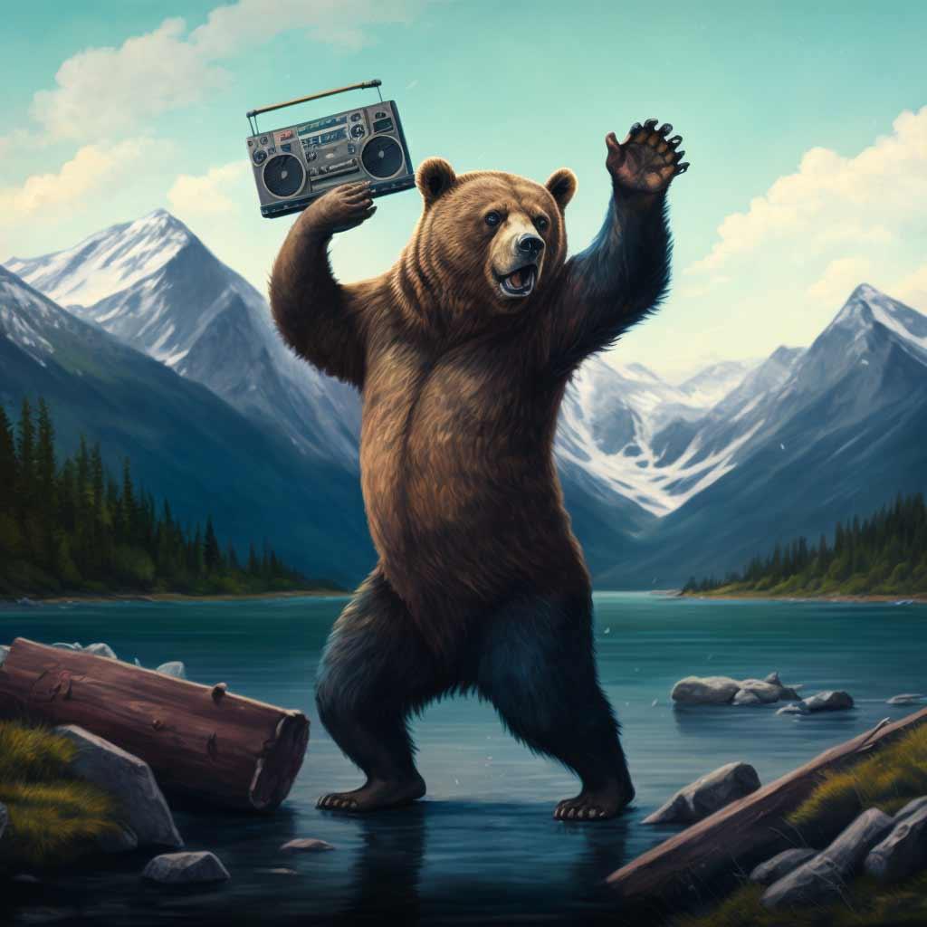 Grizzly bear dancing next to the lake