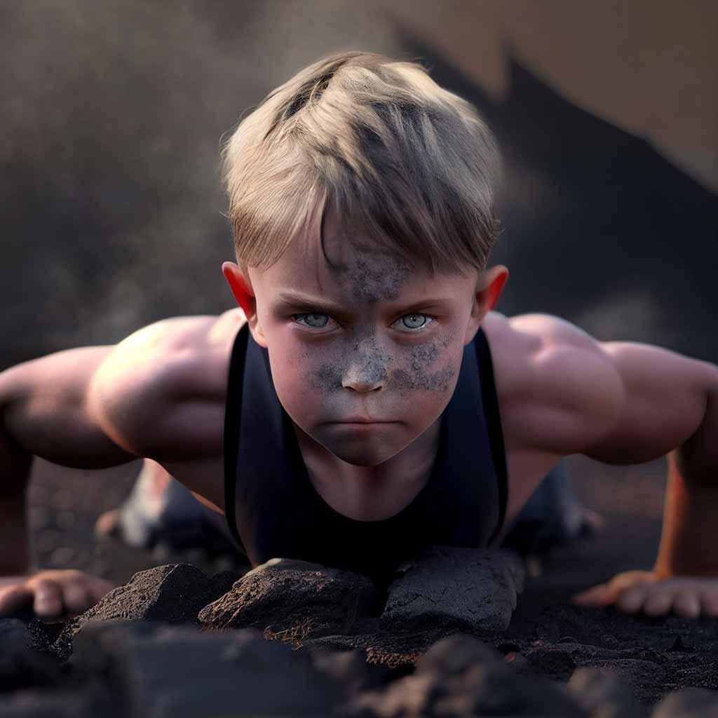 A kid doing pushups on burning coals.