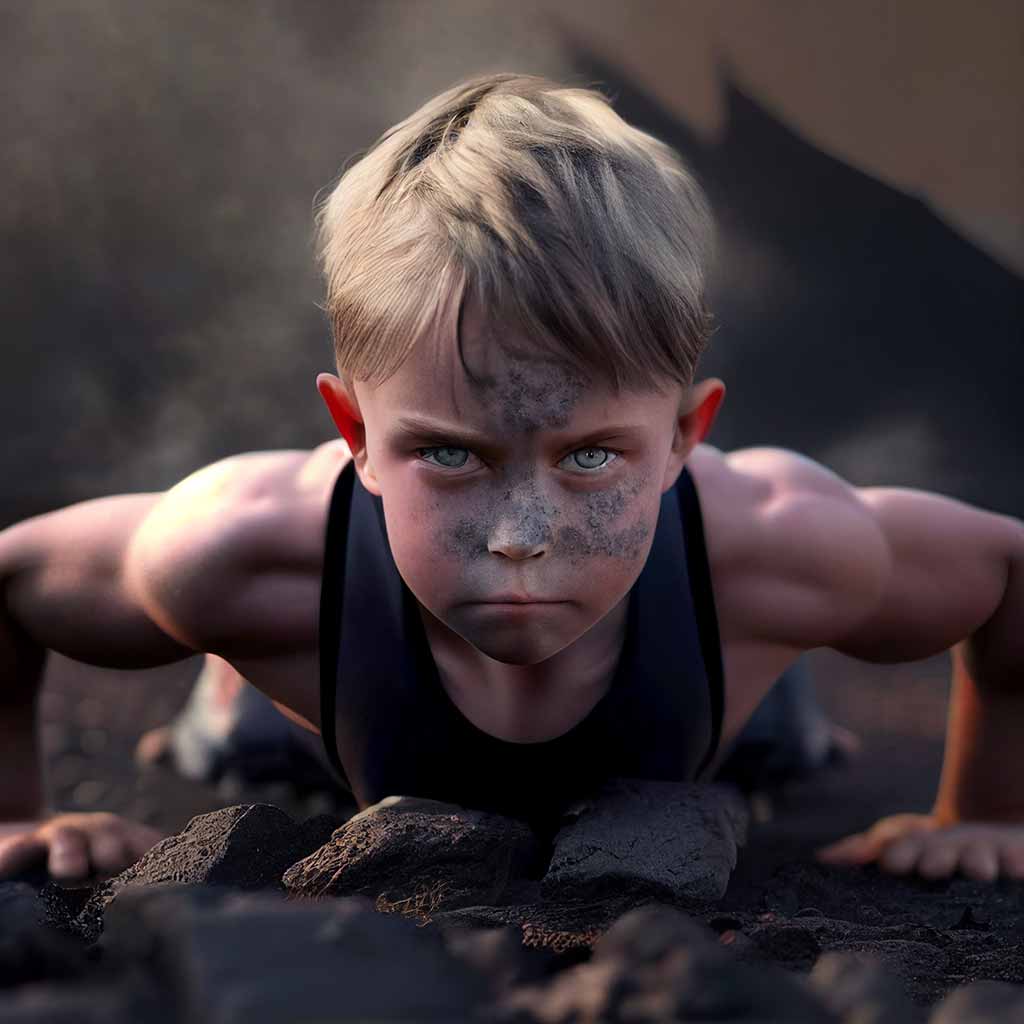 A kid doing pushups on burning coals.