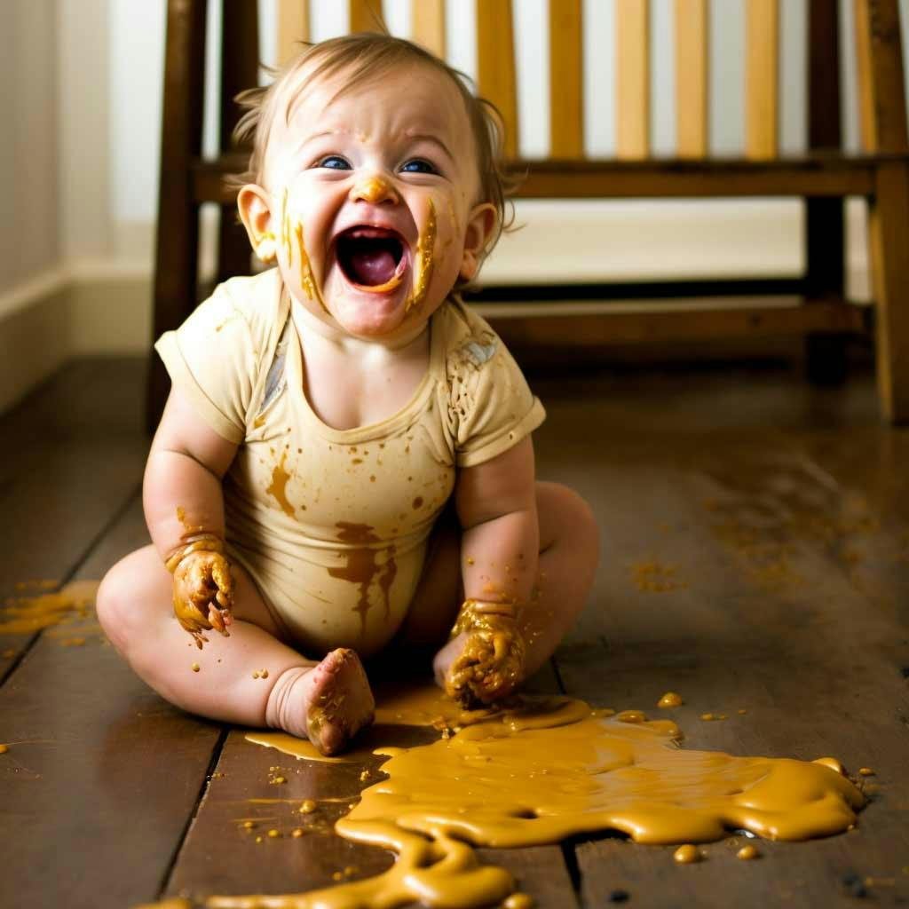 a baby drenched in peanut butter next to a peanut butter jar on the kitchen floor