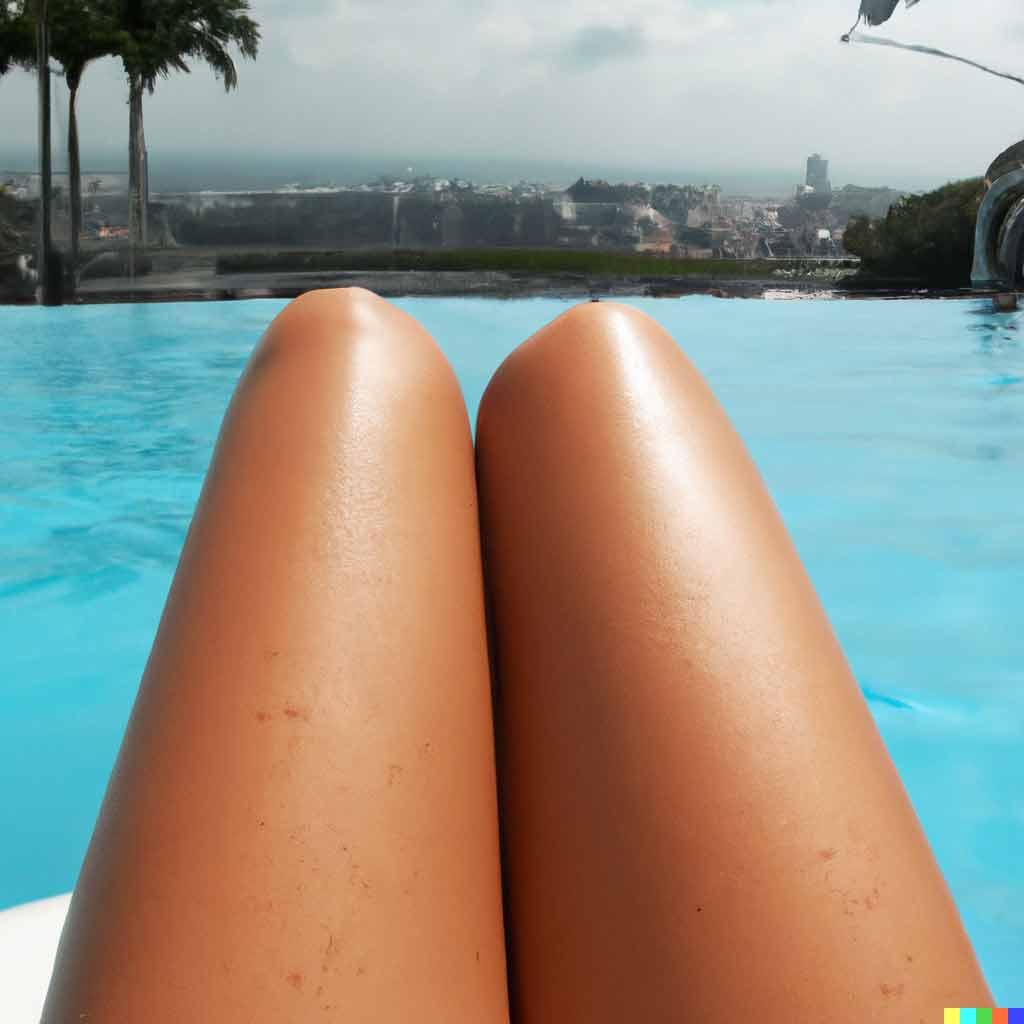 Legs or hotdogs next to a pool