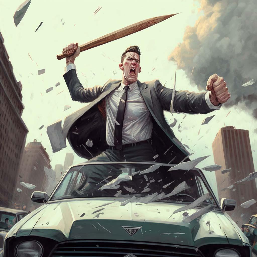 An angry man dressed in a fancy suit that is standing on the roof of a car, breaking