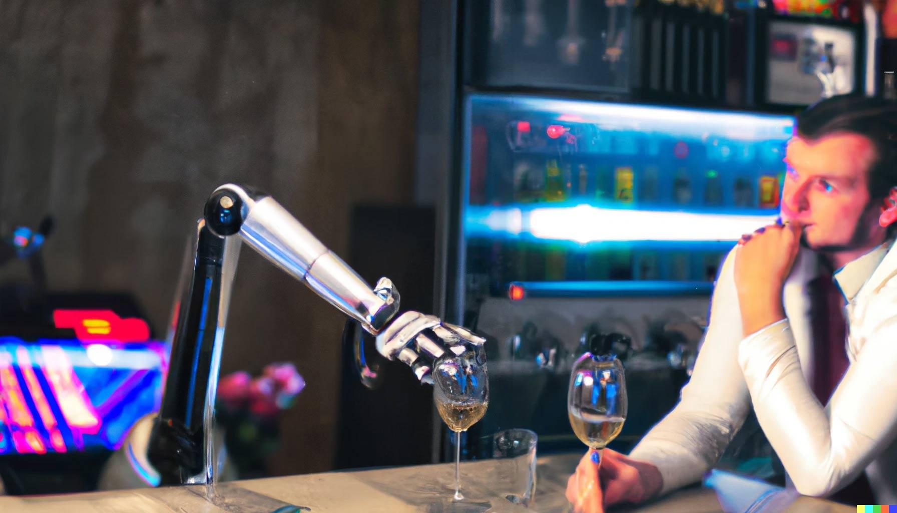 A robot bartender arm serving a glass of wine