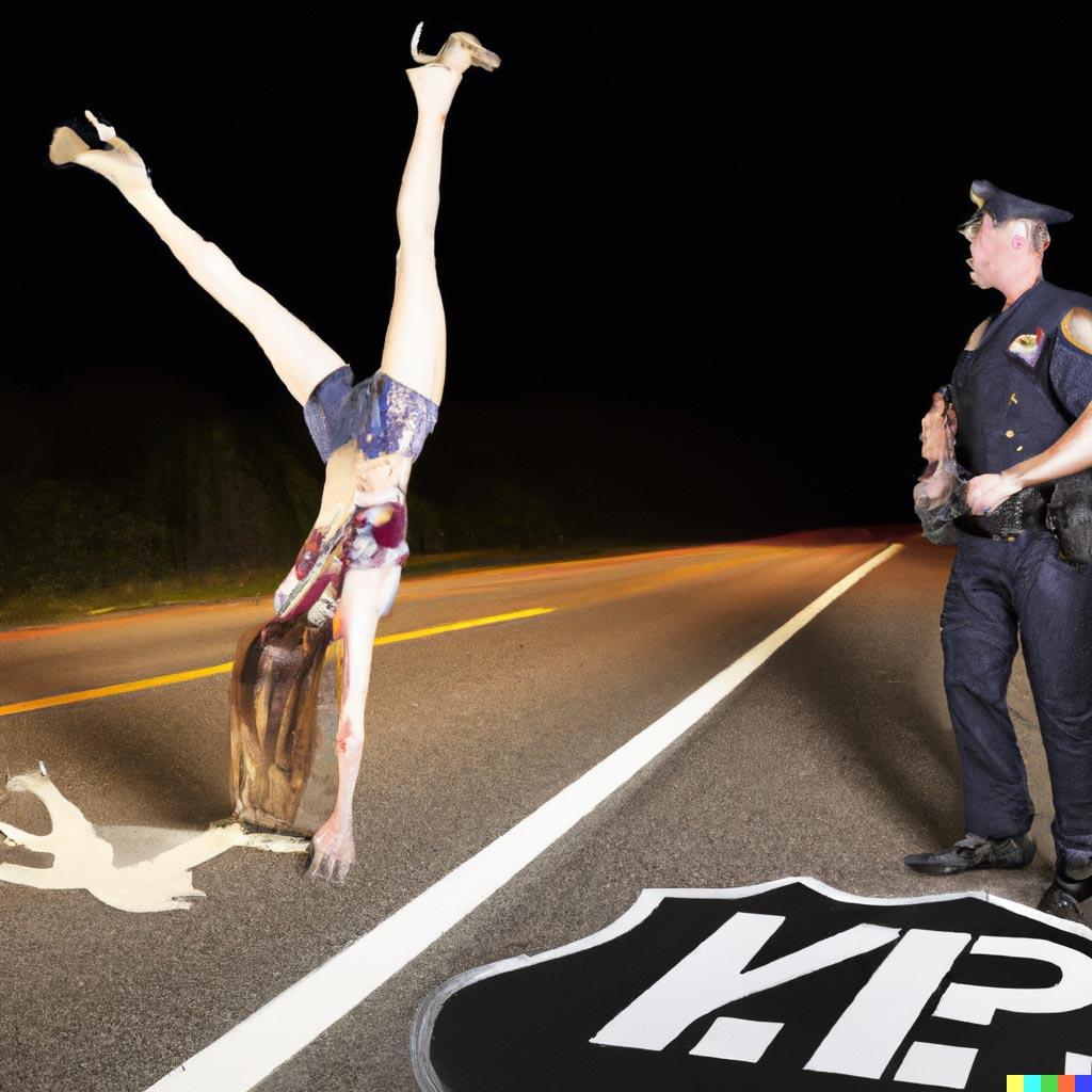 A woman doing a headstand on the highway next to a police office