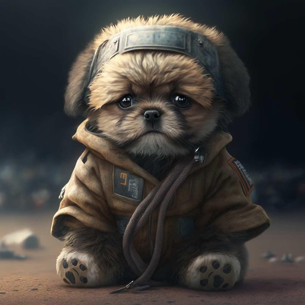 A sad cute puppy dressed as a pacifist