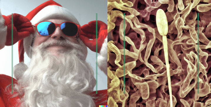 A collage of images with Santa putting on a pair of shades on the left image and a microscope film of a sperm cell on the right.
